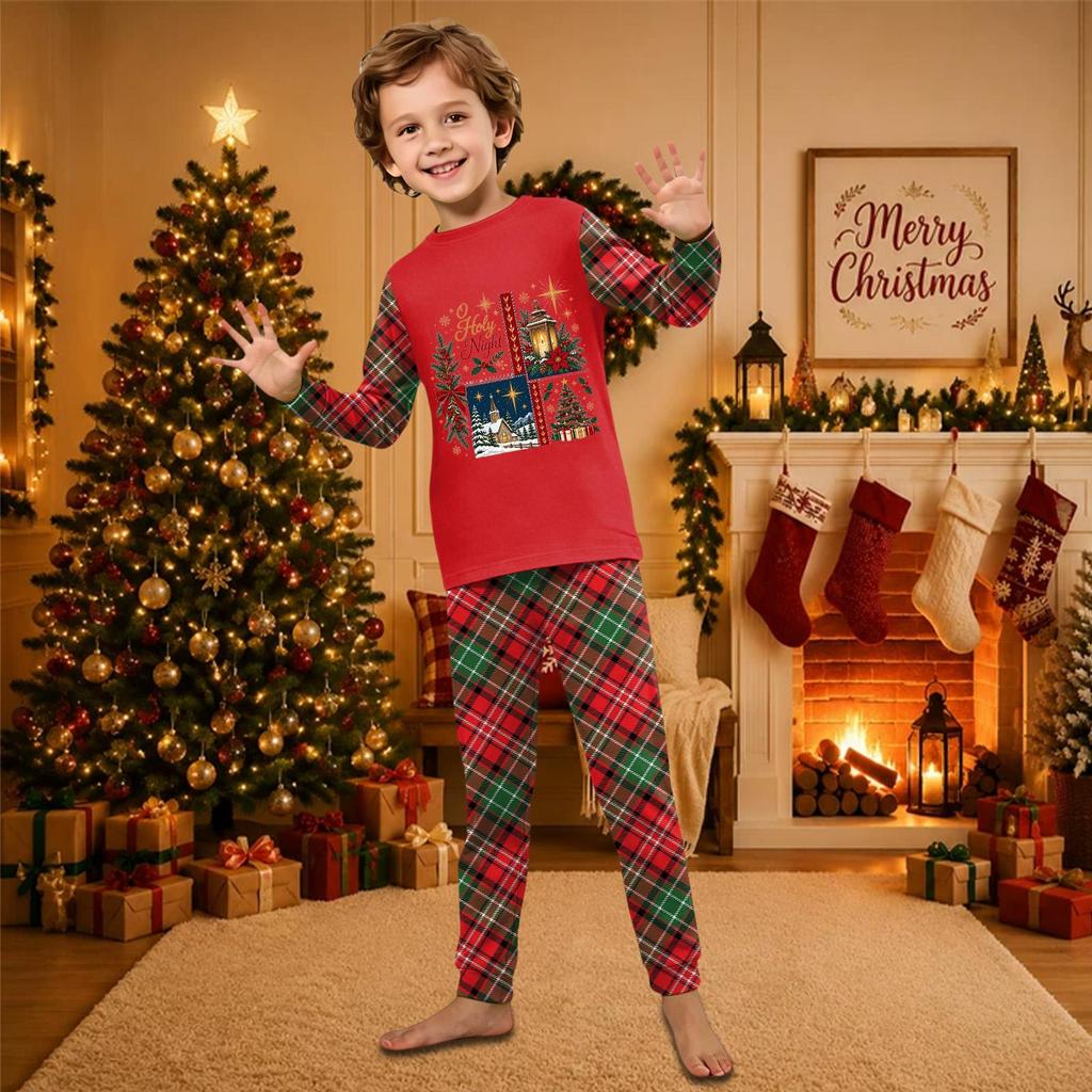 Christmas-print long-sleeve and long-pant matching family loungewear set