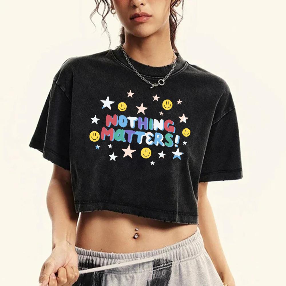 Nothing Matters Color Letter Star Printed Women Washed T Shirt Slim Clothing Cotton Street T-Shirts Fitness Short Sleeve