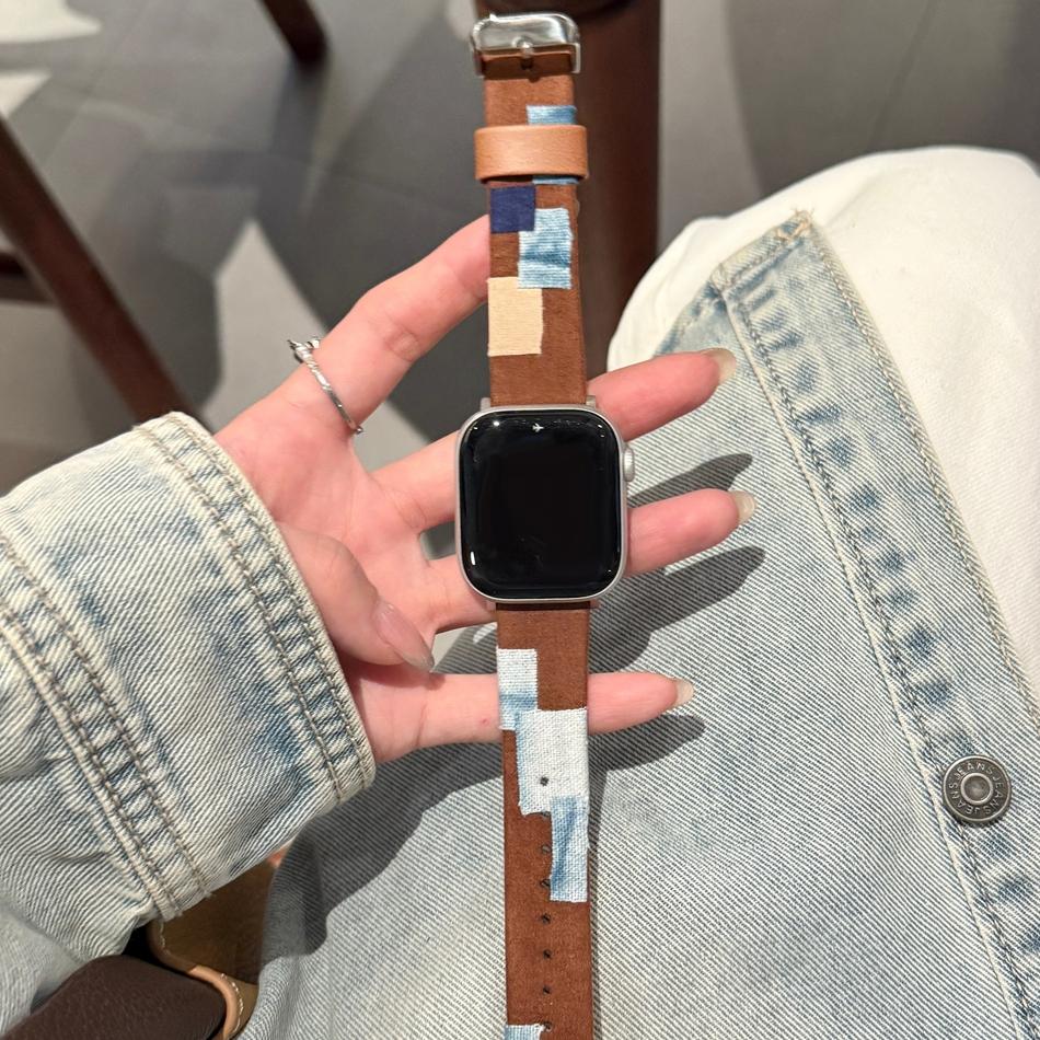 

Patchwork Denim PU Leather Bracelet For Apple Watch Band S11/10/9/8/7/6/5/Ultra iWatch Strap 49/46/45/44/42/41/40/38mm Casual 38 40 41(S11 10)42MM