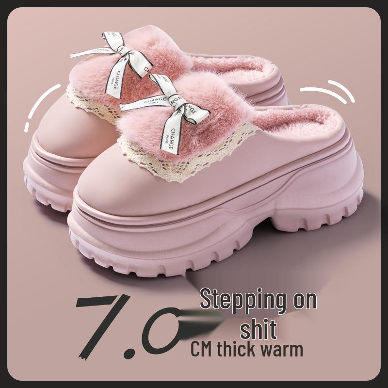 Women's Thick-Soled High-Heeled Bow Cotton Slippers - Winter 2025 Non-Slip, Height-Boosting, Warm PU Slippers