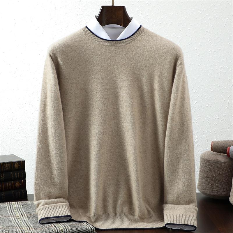 Men s Pure Cashmere Sweater - Round Neck, Contrasting Colors, Business Casual Pullover L