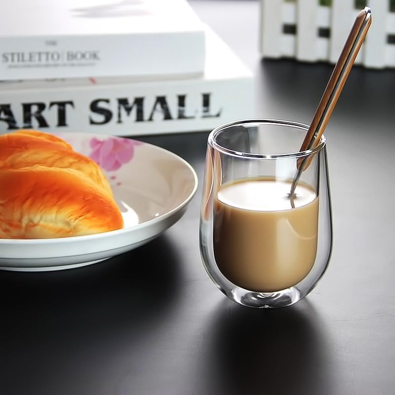 Pokaro Tea Heat-Resistant Glass Cups, Set of 2, 350ml Capacity, Double-Walled, Insulated, Condensation-Resistant, Double-Layered Glass, Can Hold Hot