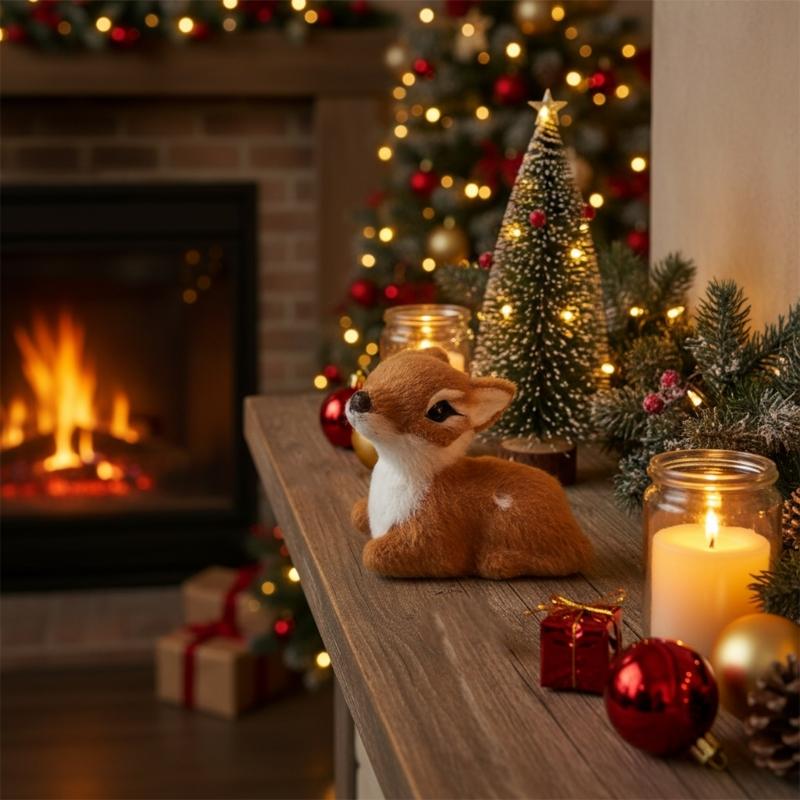 Realistic Christmas Deer Figurine With Realistic Furs Texture Miniature Animal Model For Holiday Tabletop Shelf Decors