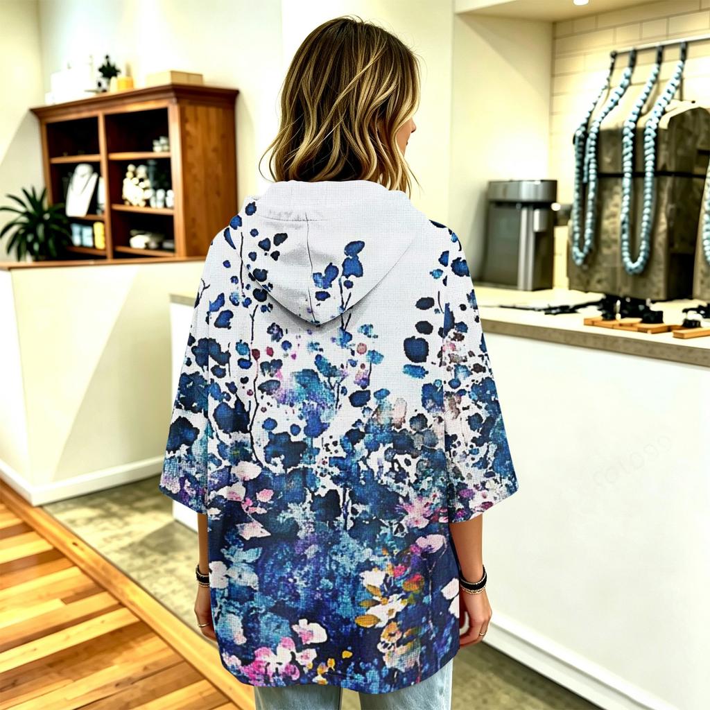 Women's Vintage Floral Print Hooded Pullover Top with Three-Quarter Sleeves for Casual Daily Wear