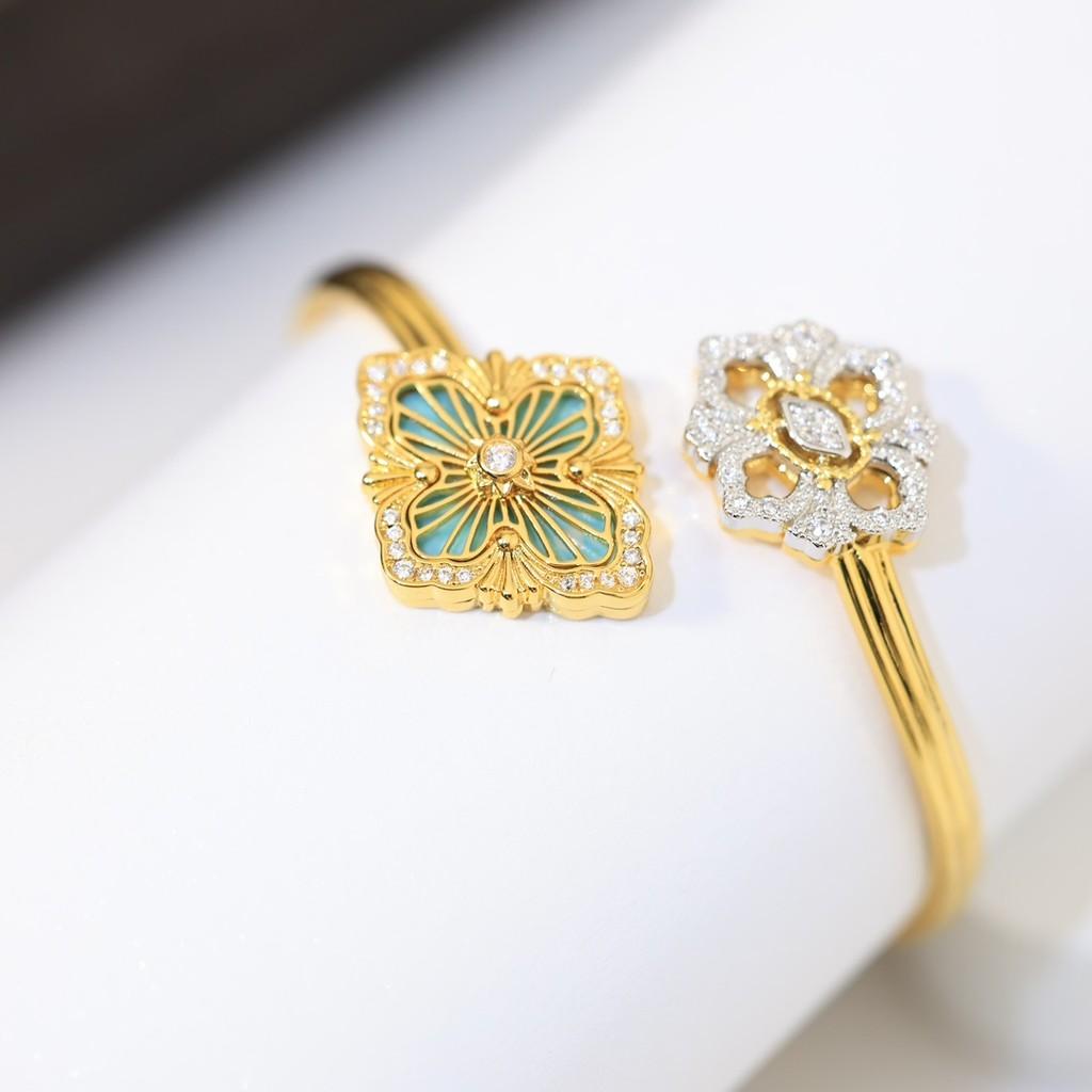 Italian high-end jewelry brand retro palace wind belt diamond brushed four leaf clover shell agate jade bangle V material