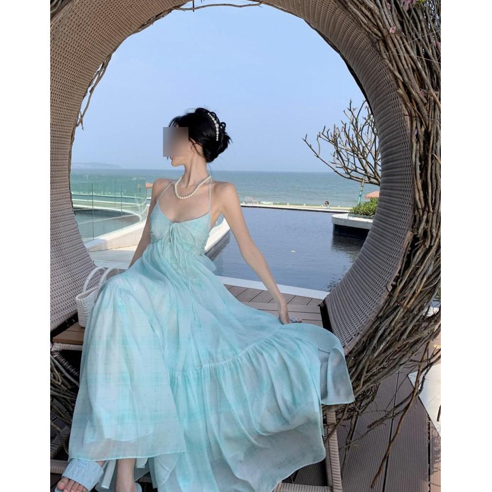 Travel shadow green backless neck sling chest pad dress women's summer seaside vacation beach dress super fairy wear