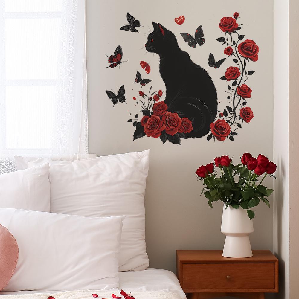 Red Rose Black Cat Butterfly Lettering Wall Sticker Self-Adhesive Removable Living Room Bedroom Hallway Home Decor Art