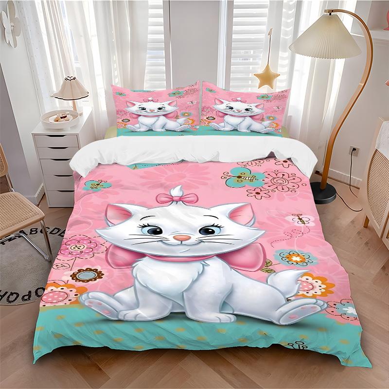 Pink Floral Kitten Theme Print 3Pcs Bedding Setduvet Cover With 2 Bedropillowcase Home Birthday Gift
