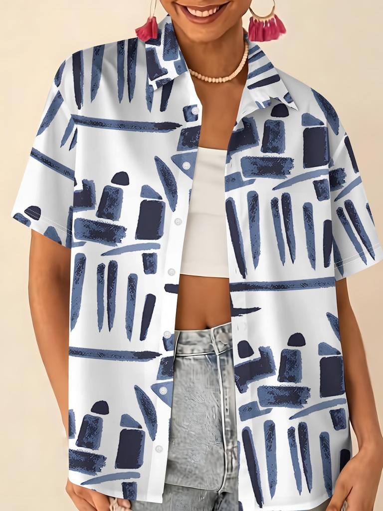 Gentle blue floral printed shirt for women, short-sleeve loose lapel design, niche vacation style top