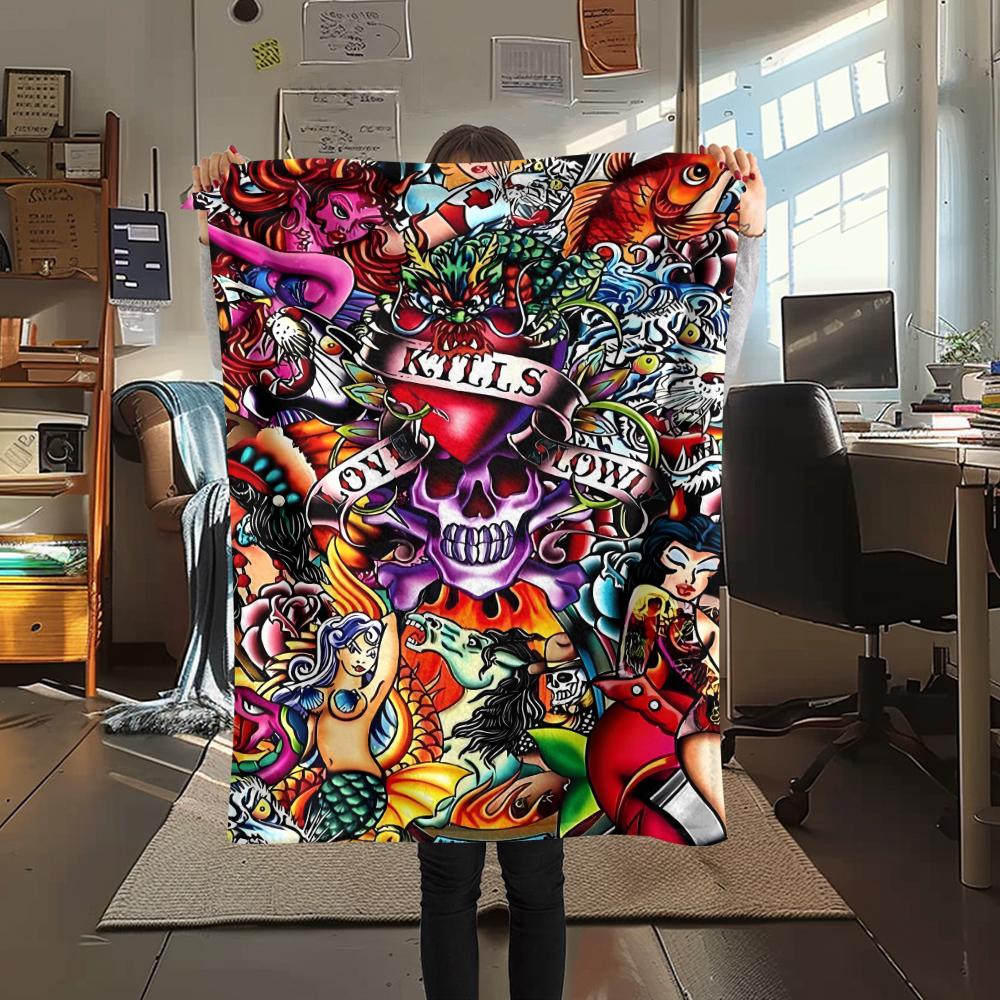 1Pc Hardy Tattoo Print Flannel Blanket, High quality Comfortable for All Seasons, Home Decor, Warmth and Comfort, Perfect for Christmas Gifts