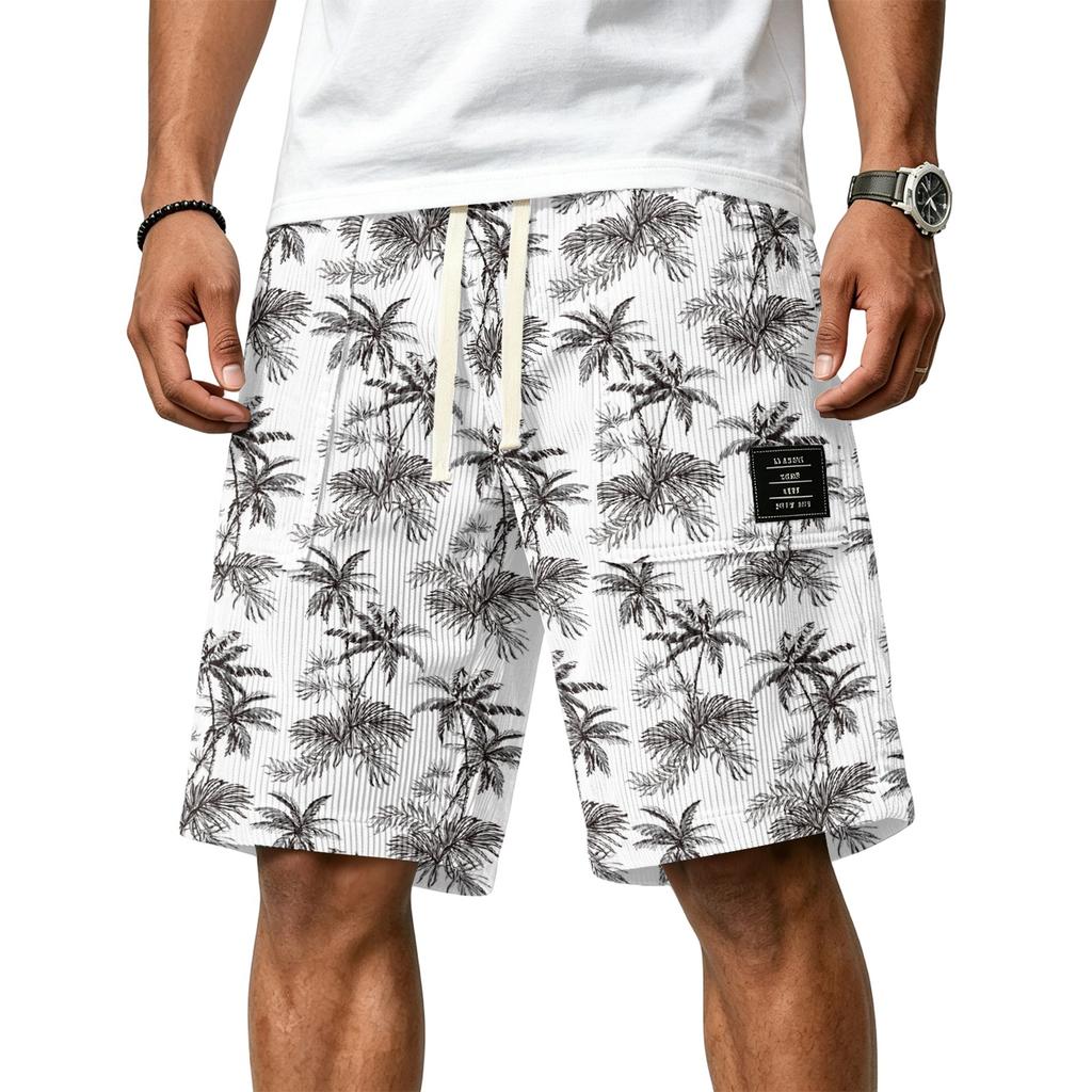 Men Corduroy Drawstring Shorts Casual Loose Fit Summer Turtle Print Elastic Waistband Classic Wear Patchwork Design
