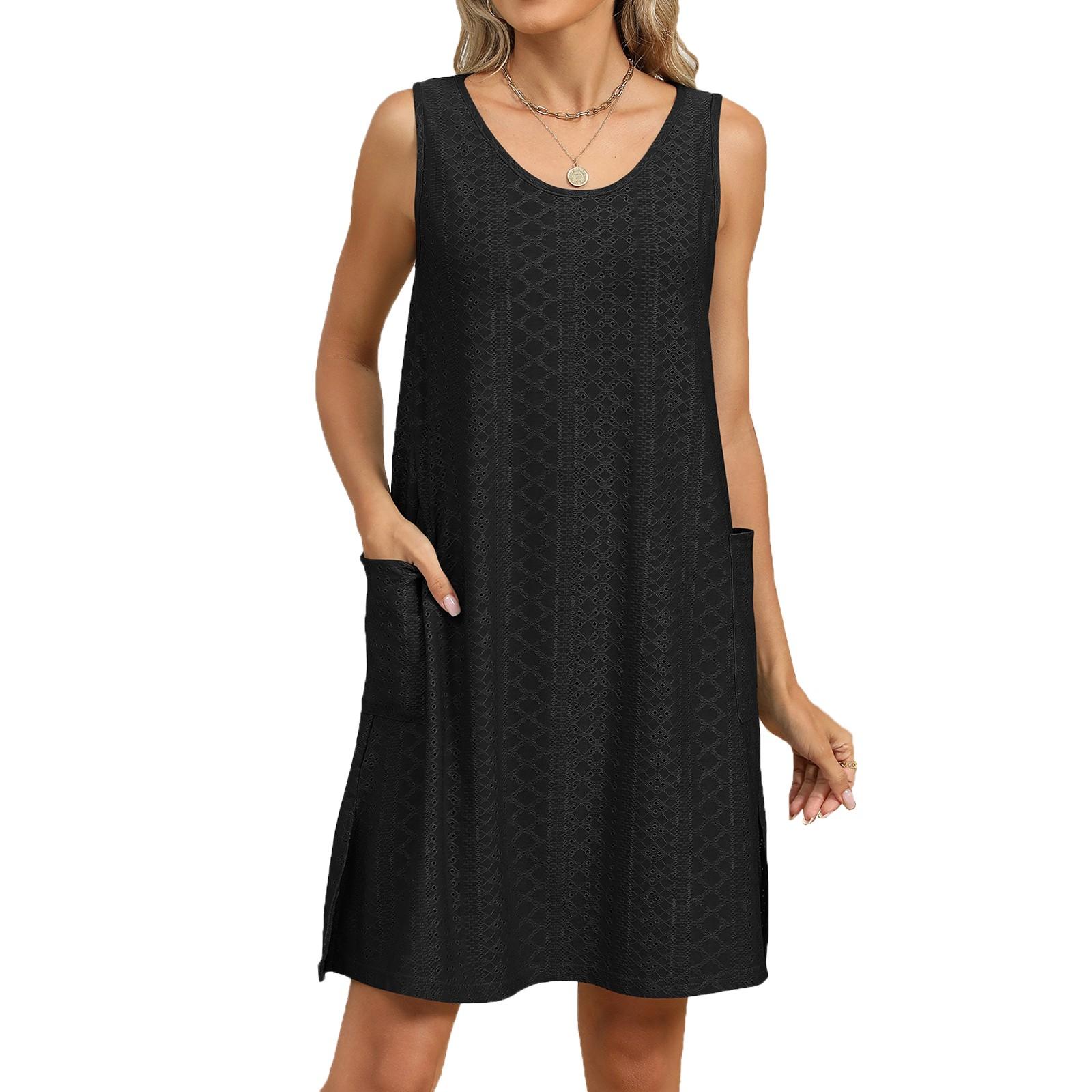 Women s Summer Cover-up Dress With Side Slits,  Casual,  Sweet,  Sleeveless,  Sleeveless Summer Dress With Pockets M чёрный