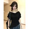 Pure design swinging collar off-shoulder ruffle edge light purple T-shirt women's summer French irregular hem top