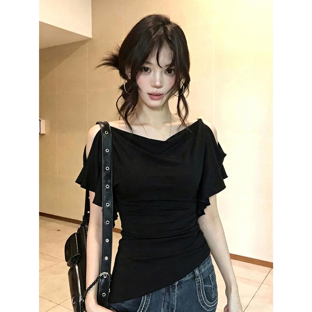 Pure design swinging collar off-shoulder ruffle edge light purple T-shirt women's summer French irregular hem top