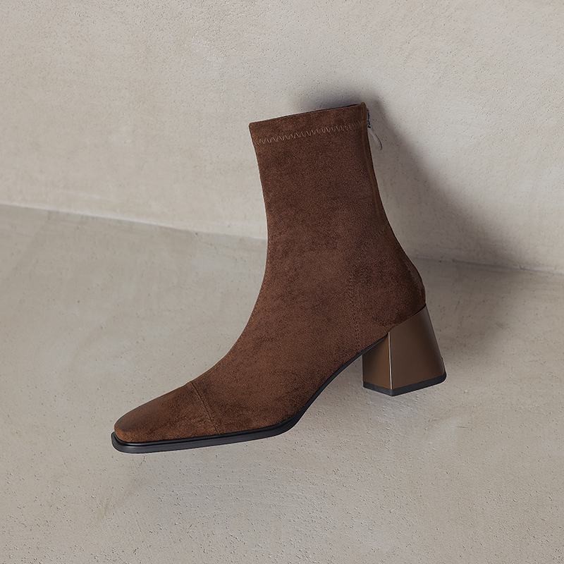 Krazing Pot Microfiber Flock Square Toe Winter Thick High Heels Fashion Boots Women Size 42 Elegant Patch Work Ankle Boots