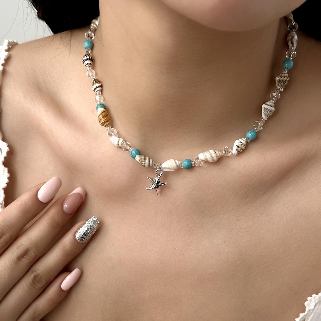 New Handmade Starfish Pendant Necklace for Women Bohemian Conch Beaded Choker Necklace Girls Spring Summer Beach Jewelry Gift