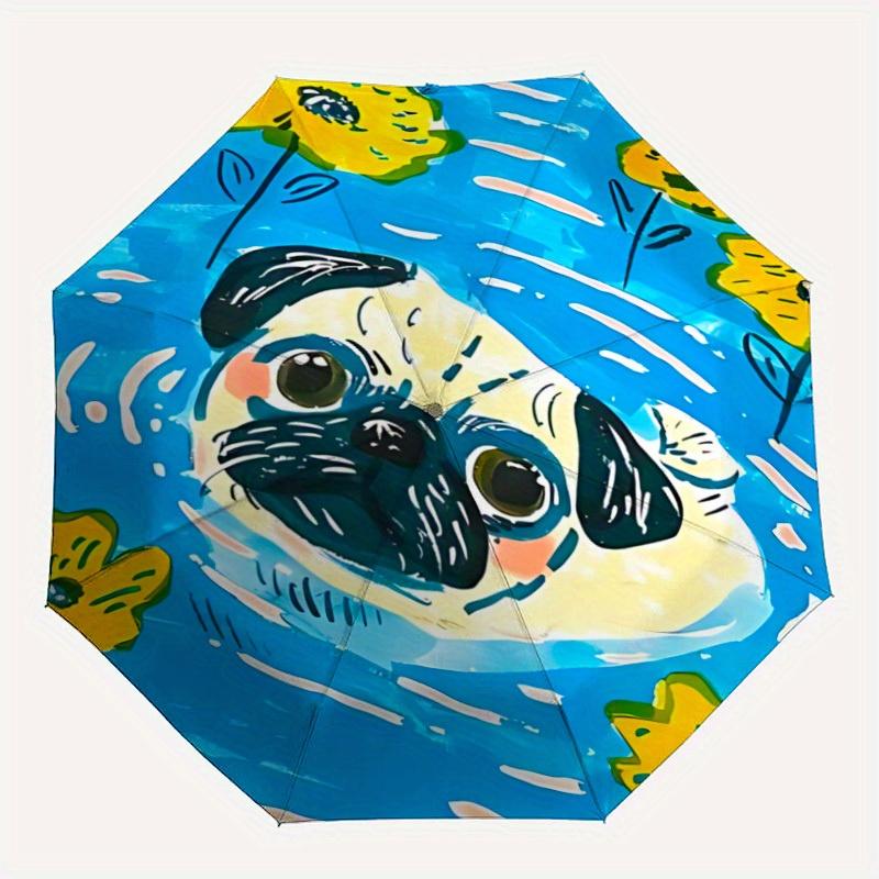 

1pc Pug Flowers Automatic Folding Umbrella Portable Collapsible Design, 8-Rib Iron Frame, Durable Fabric, All-Season Casual Outdoor Accessor