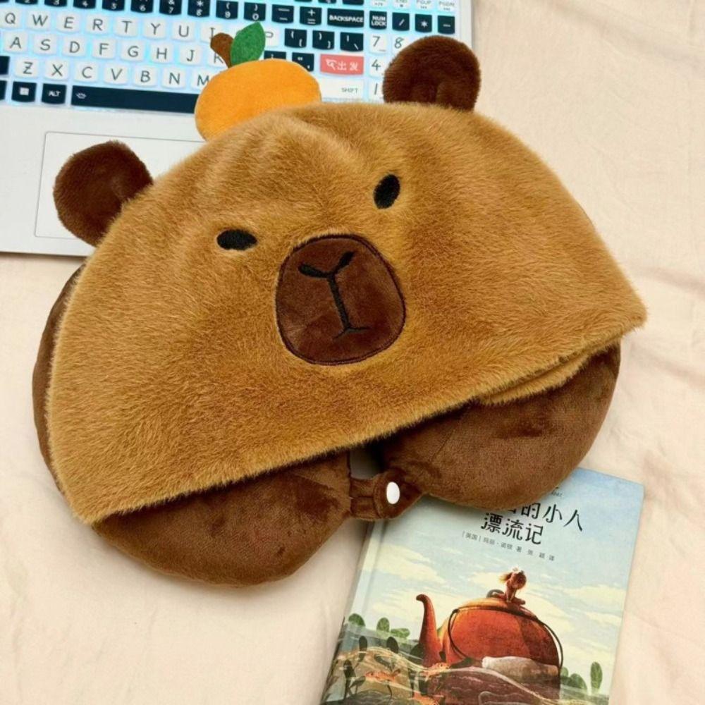 Kawaii Cartoon Capybara U Shape Pillow with Hat Noon Break Stuffed Neck Pillow Plush Soft Hooded Travel Pillow