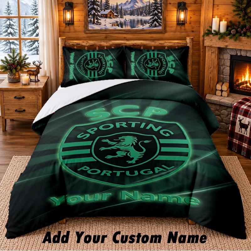 Set de așternut 3 piese cu model Sporting CP Nume personalizat, Cearșaf și Fețe de pernă Pentru Dormitorul de Acasă