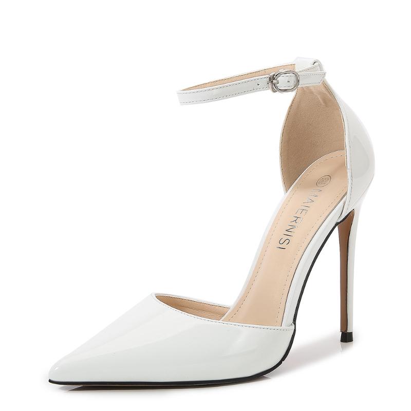 European and American Style High Heels One-liner Strap Simple Metal Thin Heels Shallow Tip-toed Hollow Single Shoes Elegant and