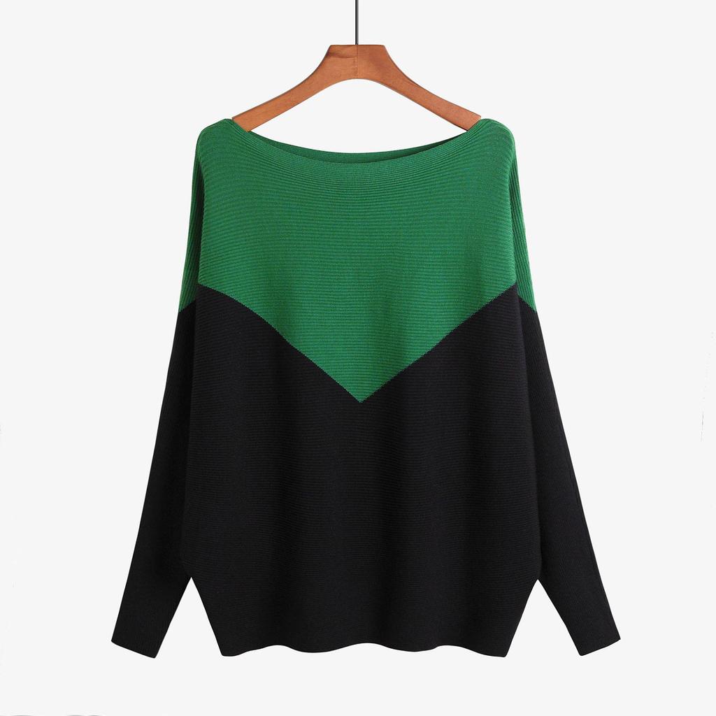 Off-the-Shoulder Women's Batwing Sweater – Plus Size Color Block Patchwork Pullover