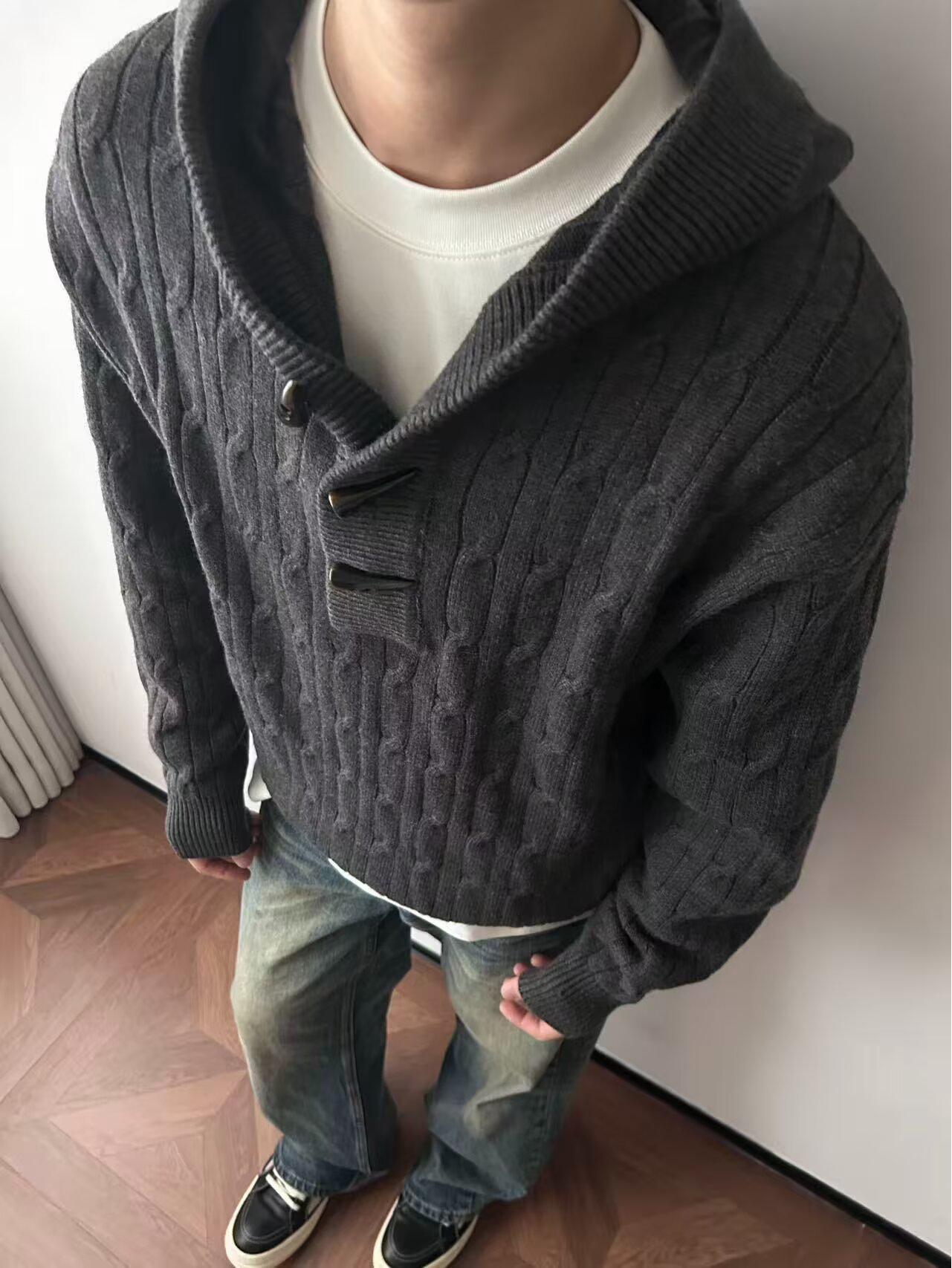 

Men s Gray Cable Knit Hooded Sweater Coat - Autumn Winter Relaxed Old Money Style L темно-сірий