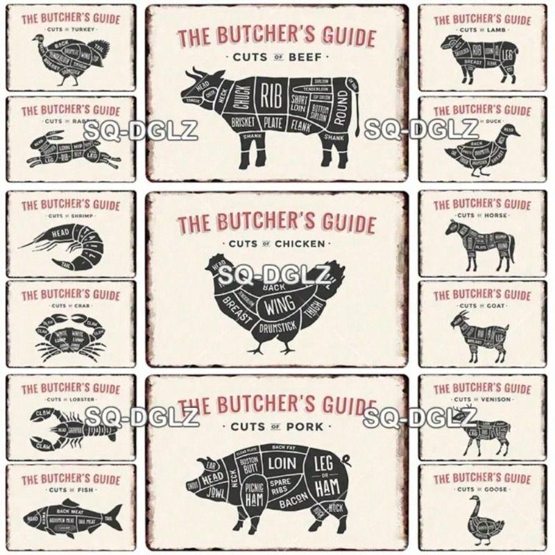 Vintage Metal Poster Wall Art, Butcher Guide Tin Sign, Heavy Bar Decor, Rustic Farmhouse Gift for Man