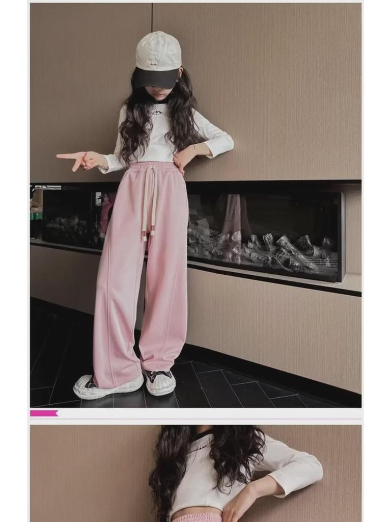 2024 Pink Girls' Wide-Leg Sweatpants: Autumn/Winter Casual Sport Style for Medium to Large Children