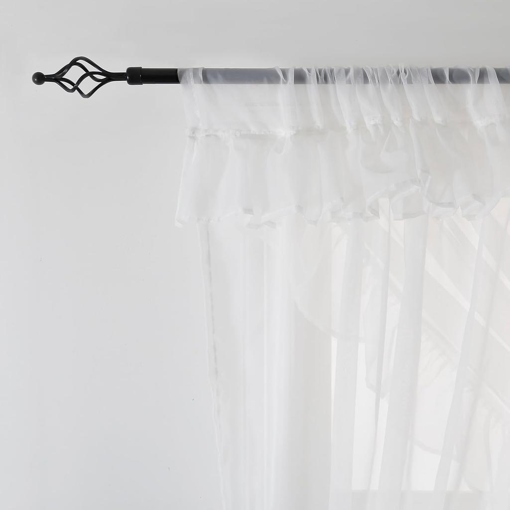 Shabby Chic Double Layer Sheer Ruffled Priscilla Rod Pocket Window Curtain Panel with Tiebacks White 100" W X 84" L