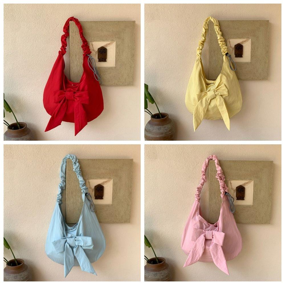 Solid Color Bow Decor Dumpling Bag Tote Large Capacity Pleated Strap Crossbody Bag Nylon Polyester Korean Sweet Shoulder Pouch