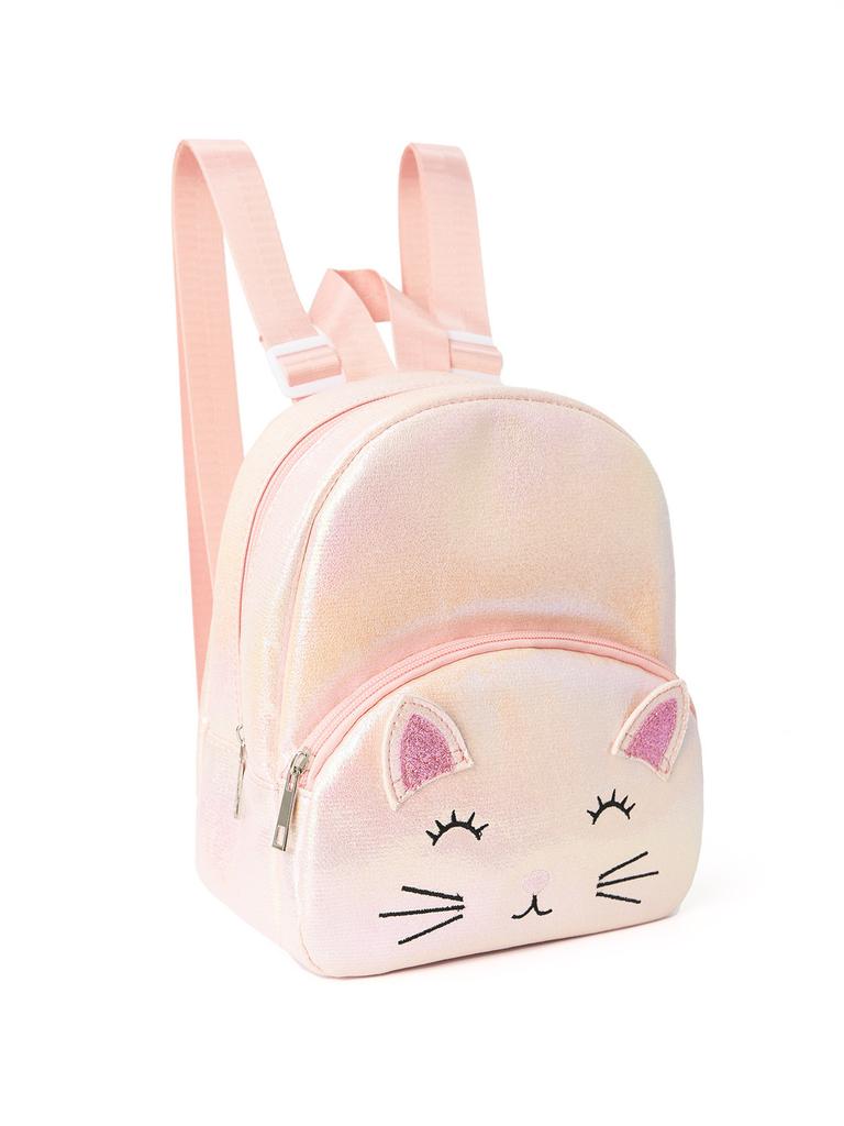 Kids Girl Cat Embroidery Double Pocket Backpack With Lightweight Polyester For School And Daily Use