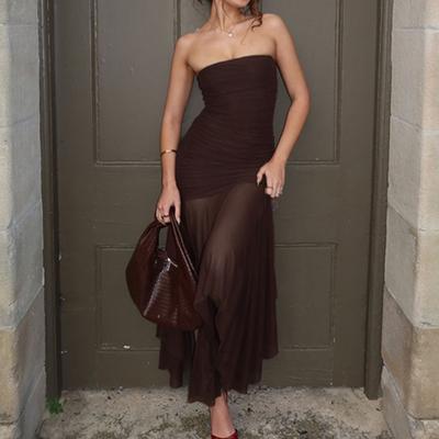 Abito Lungo Sexy Senza Spalline con Spacco da Donna, Abito da Festa Elegante Retrò con Inserti in Rete, Senza Maniche, Estivo, da Vacanza al Mare, Femminile