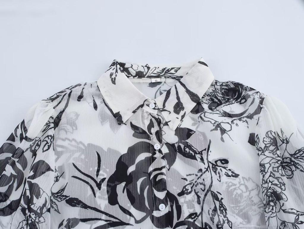 2025 Spring Women's European & American Style Ruffle Trim Printed Chiffon Long Sleeve Shirt