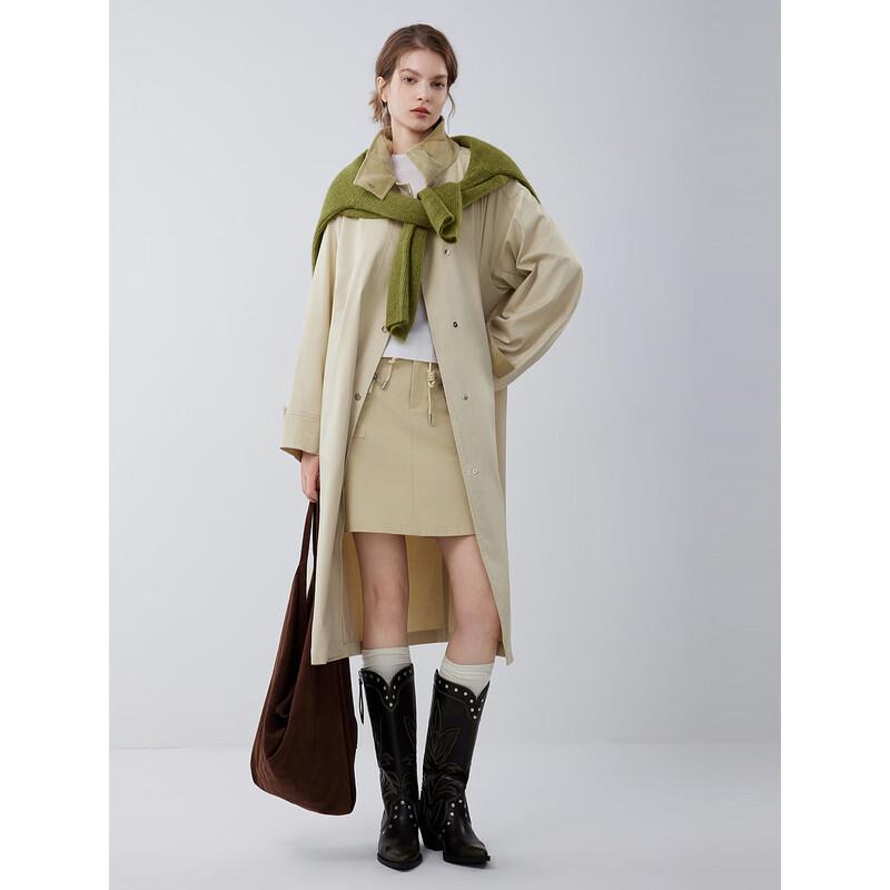 ELLE Women's Patchwork Corduroy Stand-Collar Trench Coat