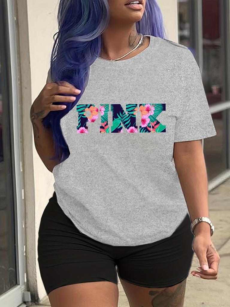Plus Size Casual T-shirt, Women's Plus Tropical Letter Print Short Sleeve Round Neck Medium Stretch T-shirt