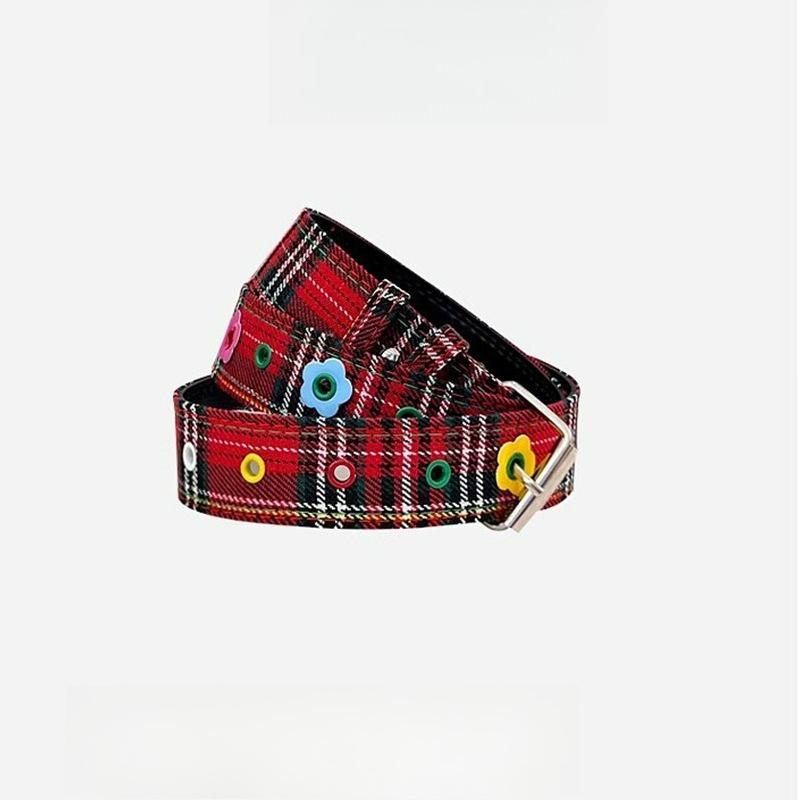 Dopamine Flower Red Checkered Belt for Women, New Sweet, Cool and Spicy Girl, Denim Blue Leather Belt, Trendy