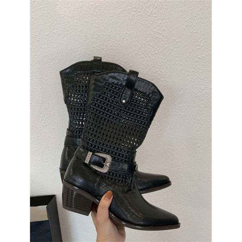 Boots women's summer 2025 new high-end hollow woven thick heel cool boots western style belt buckle pointed fashion boots