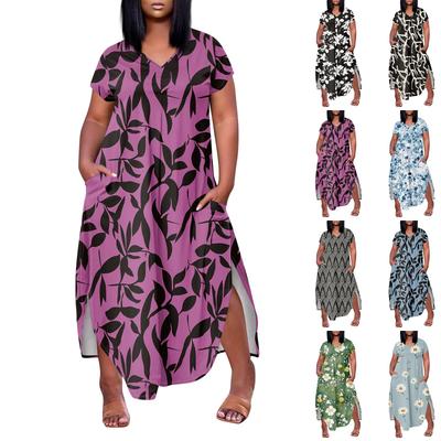 Women Floral Maxi Dress Summer Casual Short Sleeve Dress Sundress V-Neck Long Dresses With Pockets Beach Vacation