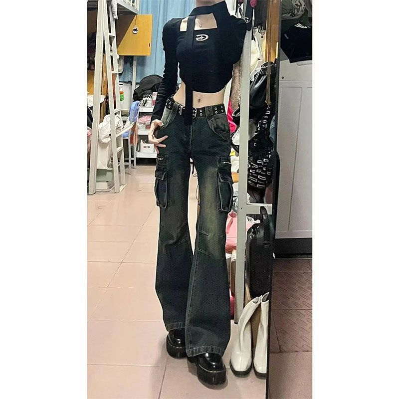 

Джинсы клеш с низкой посадкой в стиле ретро Spice Girl Новые карманы облегающие прямые комбинезоны, подметающие пол XL