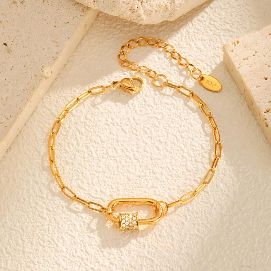 Women's Gold Clavicle Chain Necklace with Zirconia Oval Pendant and Stainless Steel Square Links