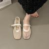 Vintage Round Head Mesh Breathable Mary Jane Women's Shoes Thick Heel One-word Buckle with Light Mouth Ballet Shoes Single Shoes Women