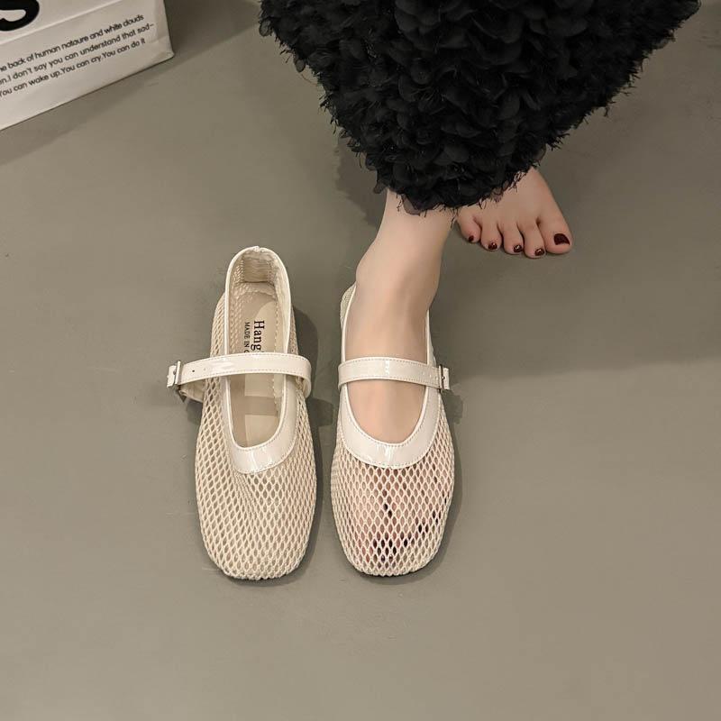 Vintage Round Head Mesh Breathable Mary Jane Women's Shoes Thick Heel One-word Buckle with Light Mouth Ballet Shoes Single Shoes Women