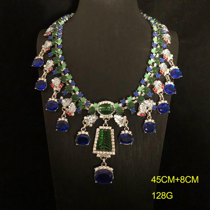 KEQIU Western vintage heavy industry blue rhinestone gemstone chain necklace earring