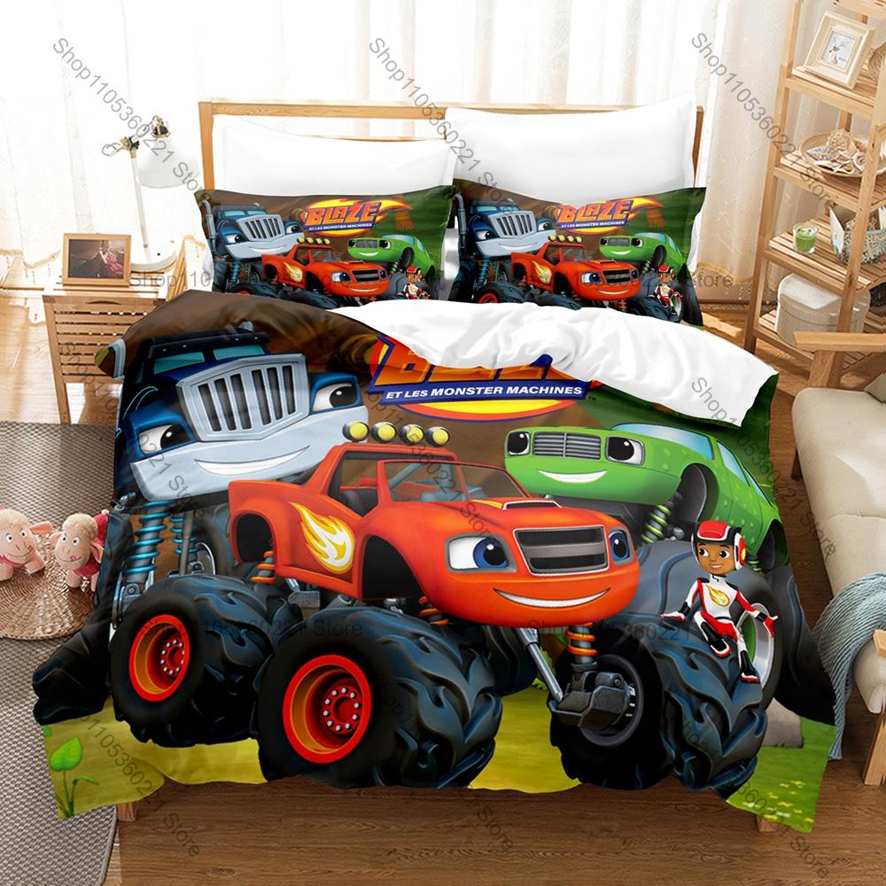 Blaze Monster Machines Theme Bedding Set 3 Pieces Kawaii Truck Print Quilt Cover Set Twin Full Queen King Size with Pillowcases