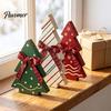 Vintage Country Style Home Accents 3Pcs Wooden Christmas Tree Ornaments with Plaid and Hemp Rope Bow, Rustic Farmhouse Small Figurines Polka Dot Xmas