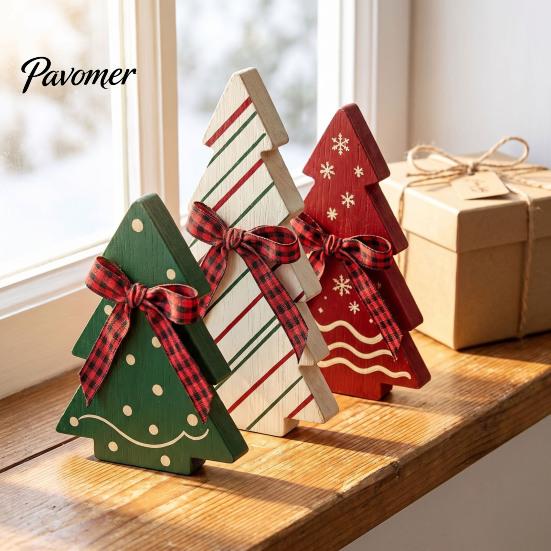 Vintage Country Style Home Accents 3Pcs Wooden Christmas Tree Ornaments with Plaid and Hemp Rope Bow, Rustic Farmhouse Small Figurines Polka Dot Xmas