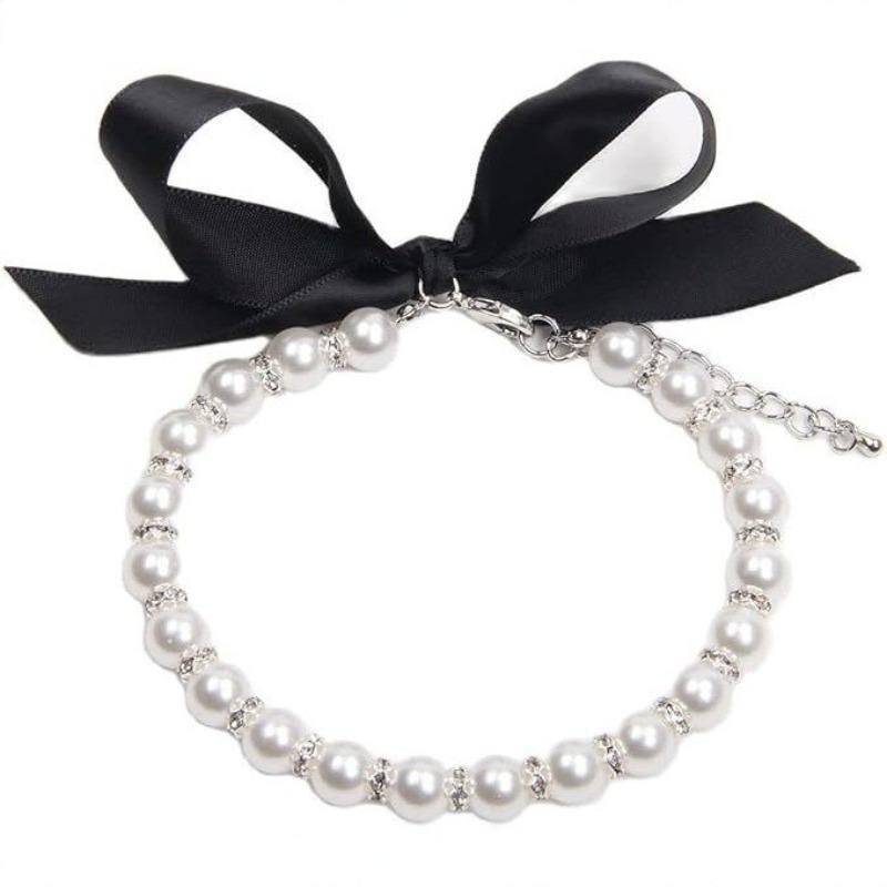 Adjustable Pearl Pet Collar Simulated Pearl Cat Bead Collar Necklace Elegant Bow Knot Ribbon Dogs Cats Collar Pets Accessories