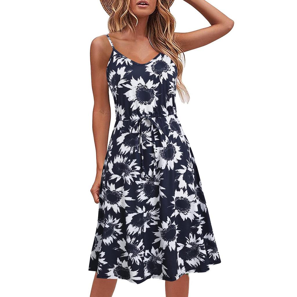 Ladies Casual Summer Cotton Sleeveless Spaghetti Strap Adjustable Waist Sundress