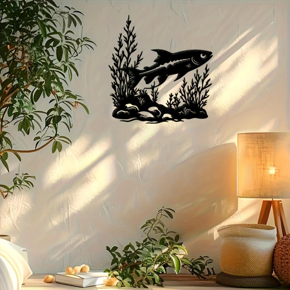 Metal Wall Art Fish Swimming Ocean Plants Stones, Black Silhouette Outdoor Decor, Housewarming Gift for Living Room Patio Coastal Modern Home