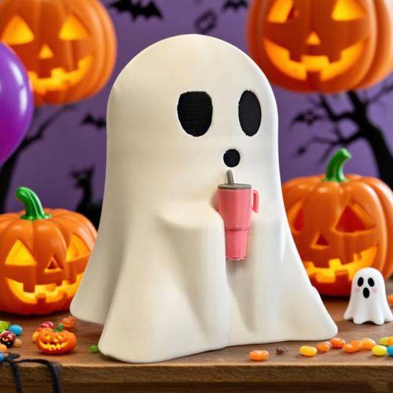 Halloween Ghost Figurine Spooky Ghost Holding Cup Statue for Indoor Home Office Desktop Halloween Decor